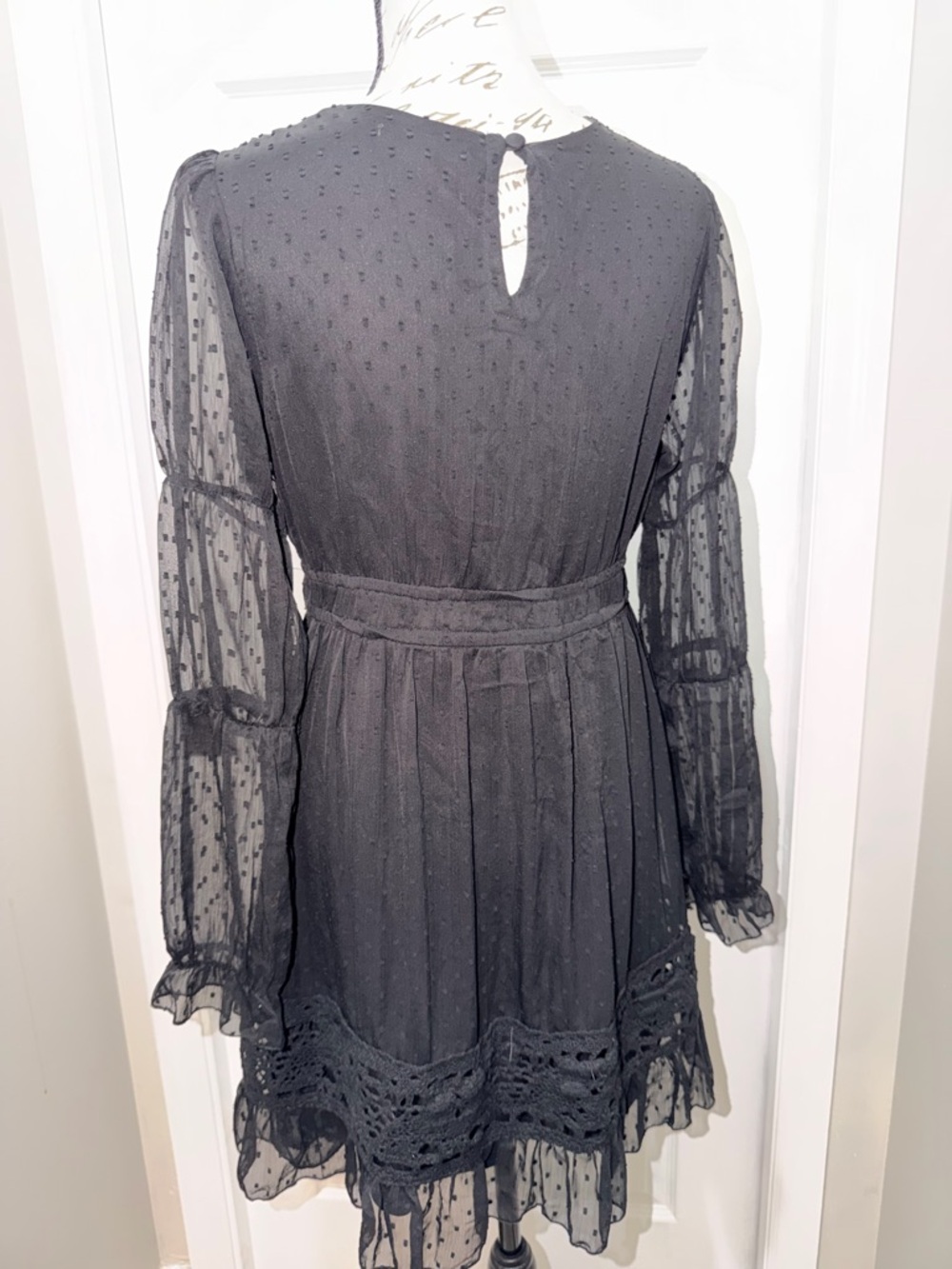 Frille Rose Black Long-Sleeve V-Neck Swiss Dot A-Line Dress - Picture 6 of 12